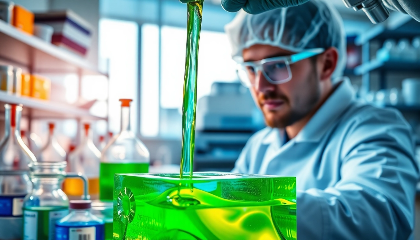 Creating infusion resins in a laboratory environment with vivid colors and advanced tools.
