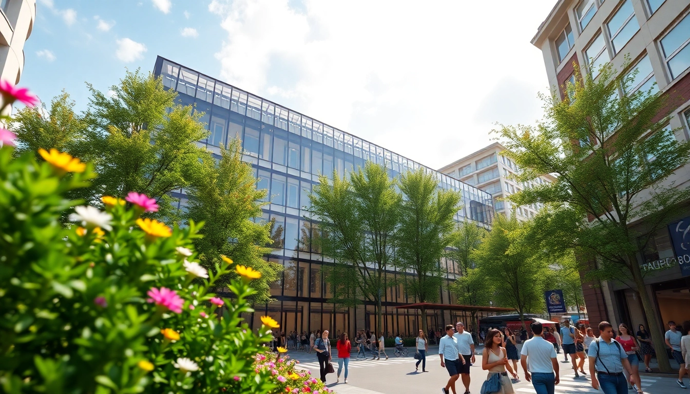 Die Visualisierung Architektur zeigt ein modernes Gebäude in urbaner Umgebung, umgeben von lebendiger Landschaft.