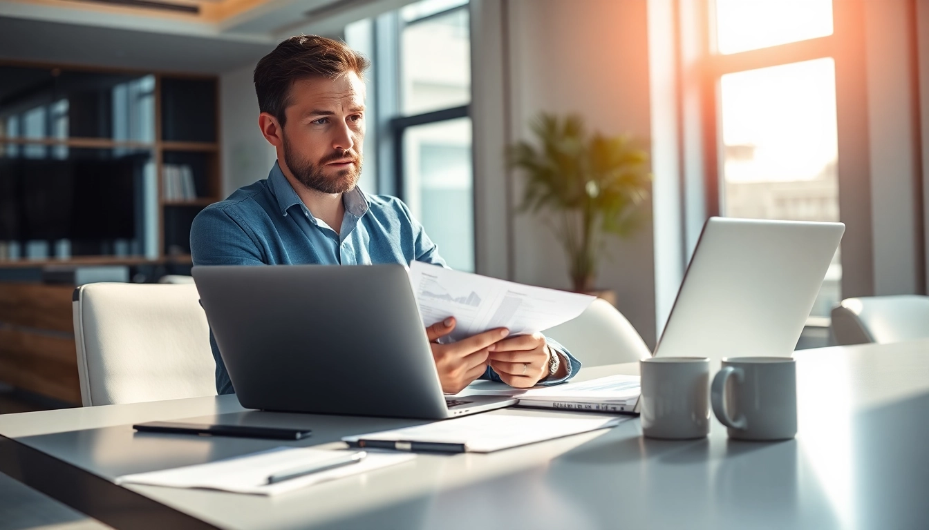 Financial Planning and Analysis Consultant reviewing important financial reports at a sleek desk.
