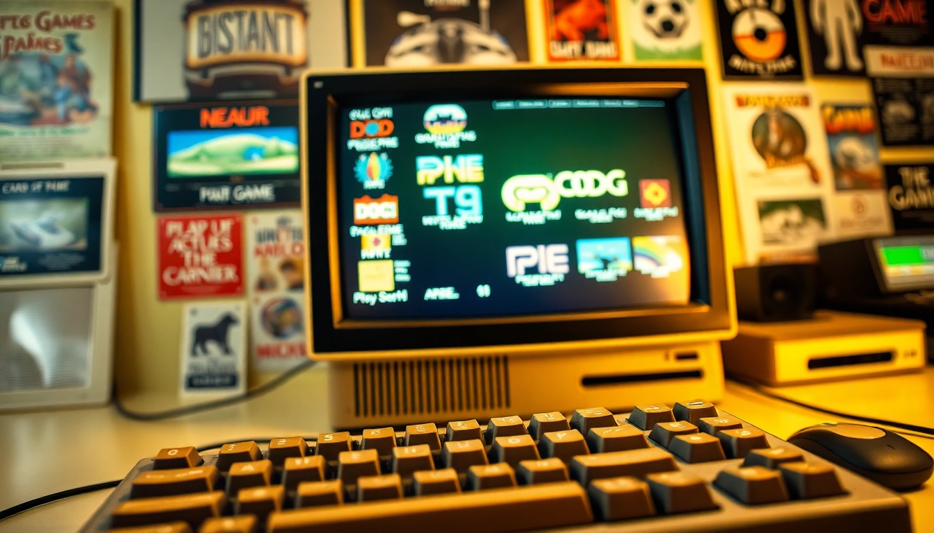 Play DOS games on a vintage computer setup with classic game posters.