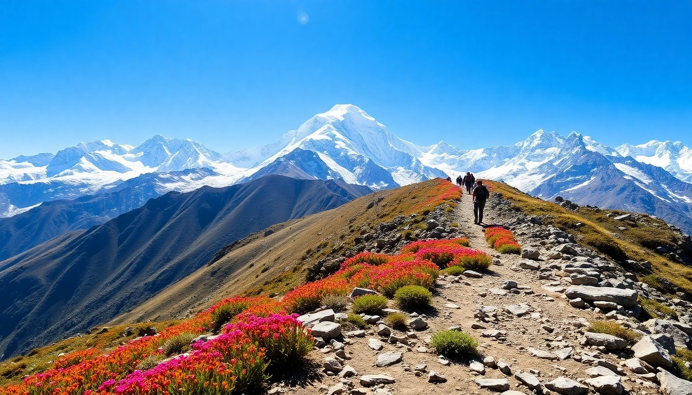 Hikers on the Manaslu Circuit Trek amidst stunning mountain scenery.