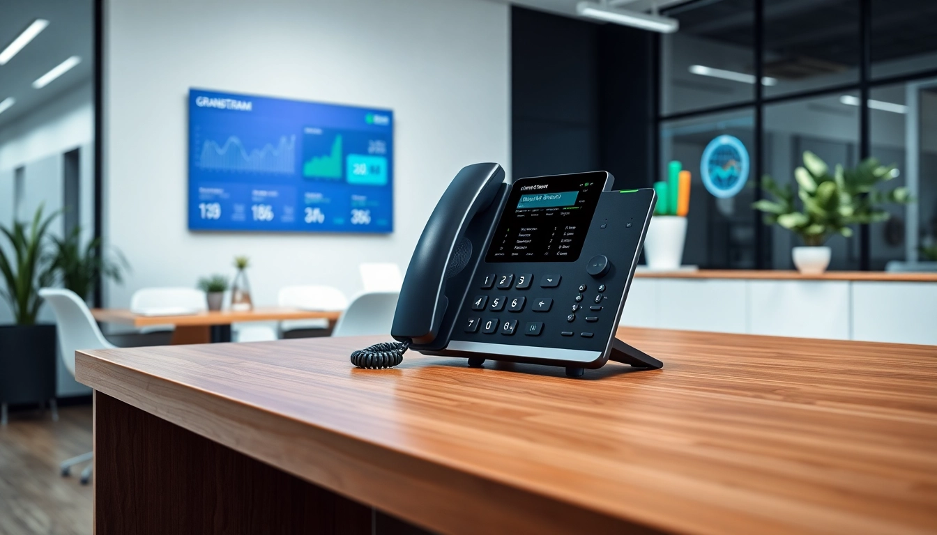 Enhance communication with a Grandstream IP phone showcased in a modern office setting.