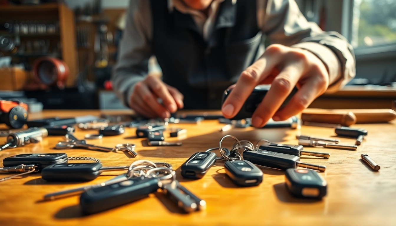 Resolve Lost Car Keys issue with a locksmith analyzing keys on a wooden table.