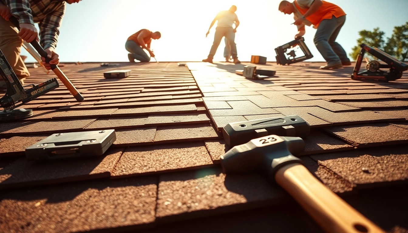 Skilled professionals performing roof repairs gold coast with tools amidst a sunny backdrop.