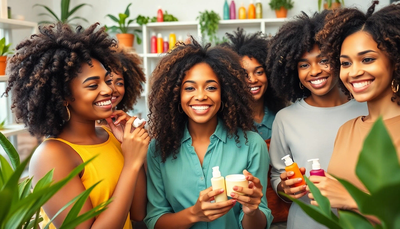Women using curly hair products in a vibrant, lively atmosphere promoting hair care.