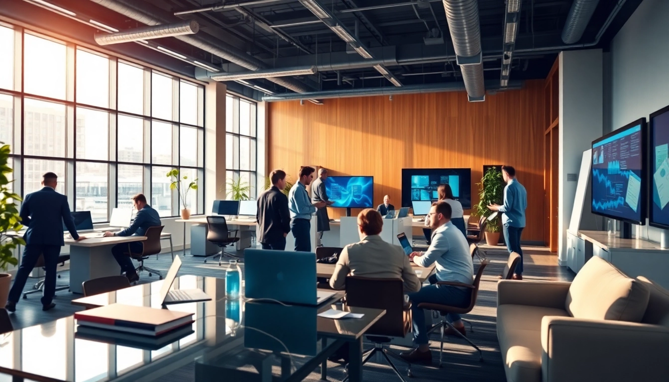 ICT bedrijf in een moderne kantooromgeving met teamsamenwerking en technologie.