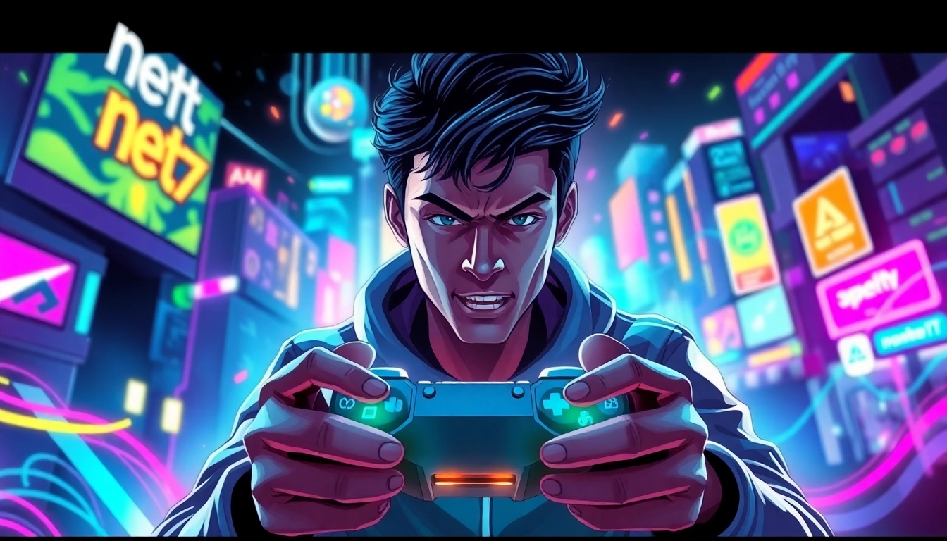 Menampilkan pemain fokus dalam net77 game dengan energi digital dan latar kota futuristik.