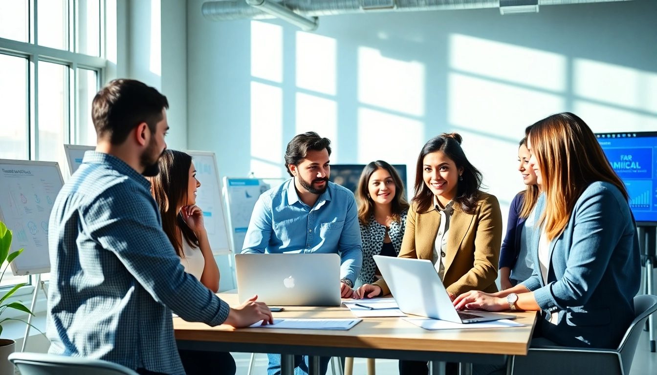 Social media agency team planning strategies in a bright, modern workspace environment.