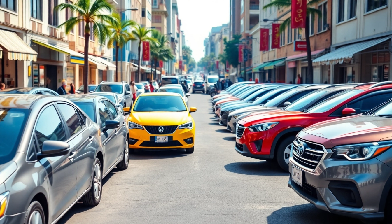Browse a selection of affordable used cars for sale at a bustling urban dealership.