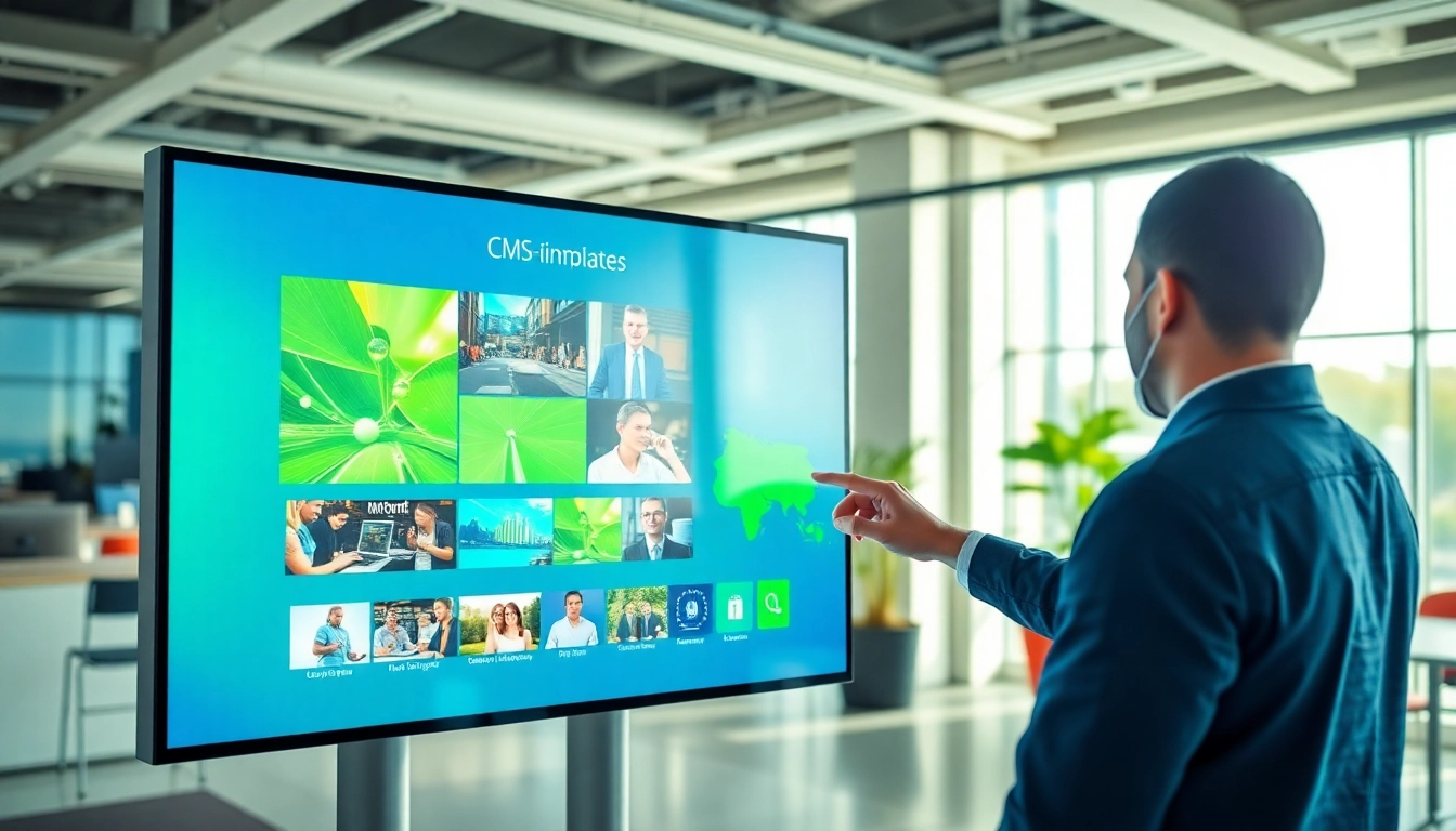 Engaging display of a digital signage CMS on a touchscreen monitor in a modern office.