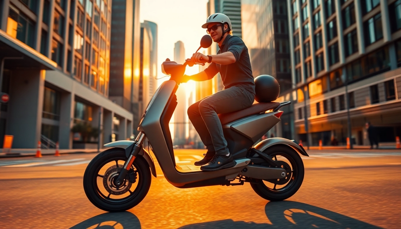 Rider accelerating on an electric scooter in a vibrant cityscape during sunset