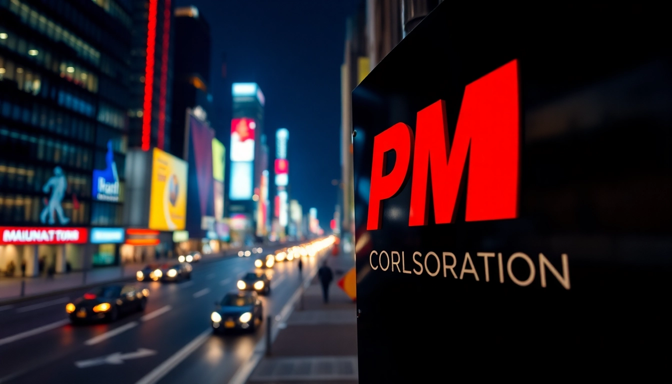 Capture of PM Signs Corporation's illuminated signage, highlighting its professional branding in an urban scene.