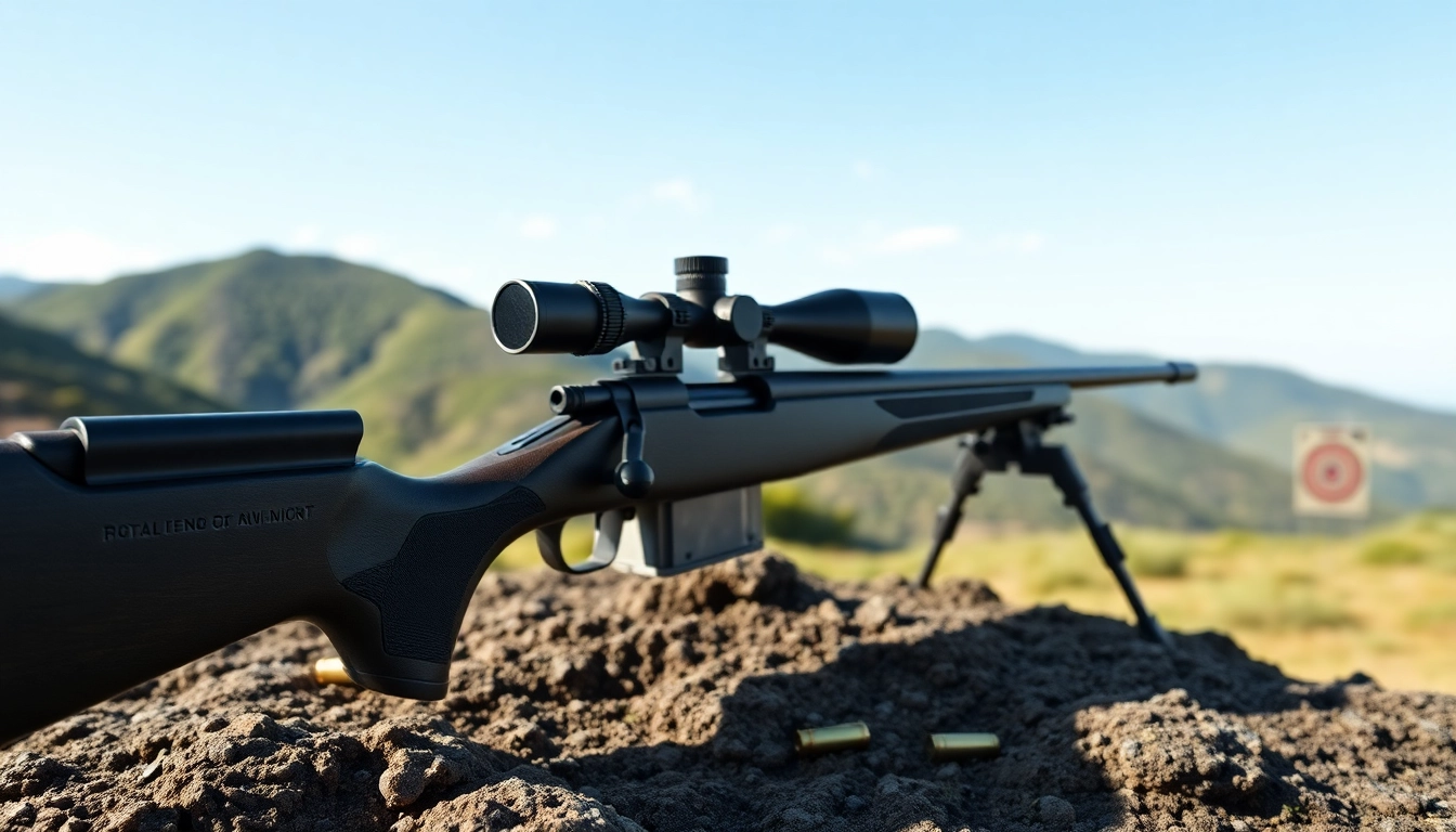 50 cal sniper rifle resting on a shooting range with a clear sky background.