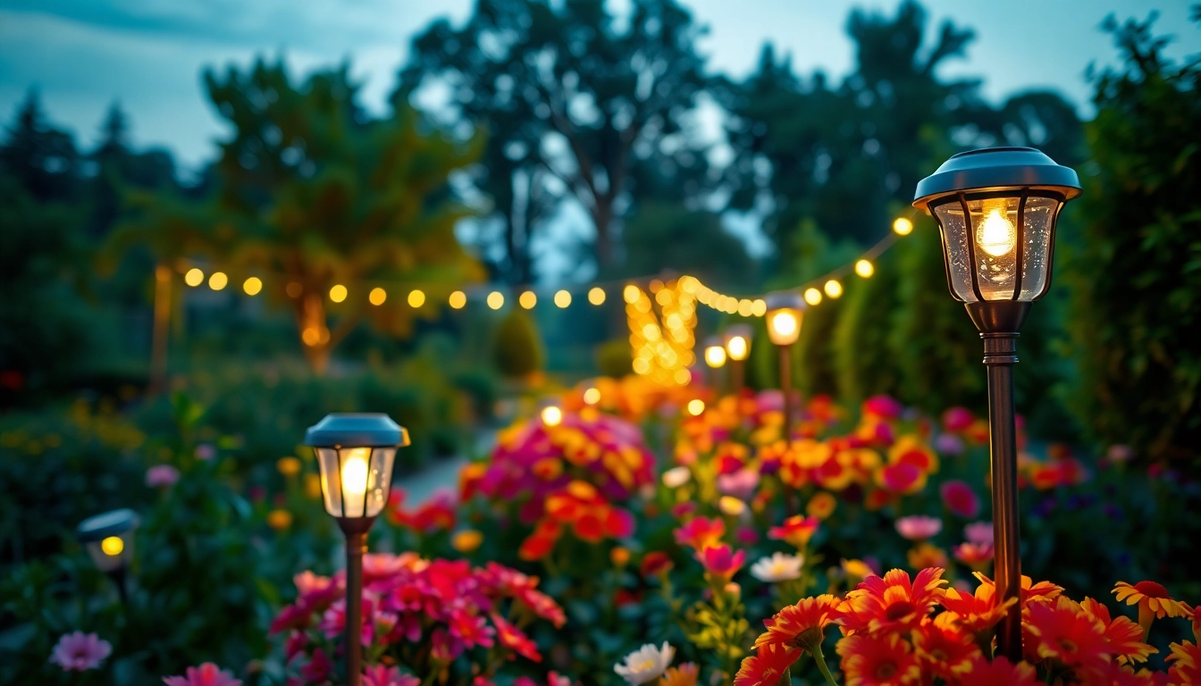 Bright solar lights illuminating a garden path with elegant designs and colorful flowers.