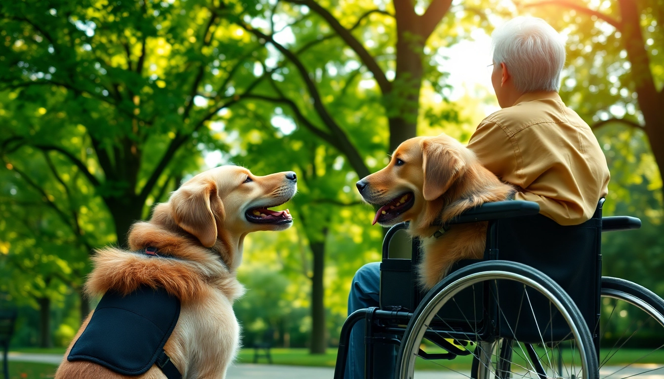 Service dogs helping individuals with disabilities in a park, illustrating companionship and support.