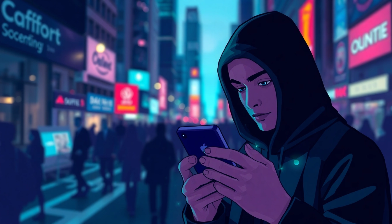 Engaging depiction of an anonymous instagram story viewer using a smartphone in a bustling city.