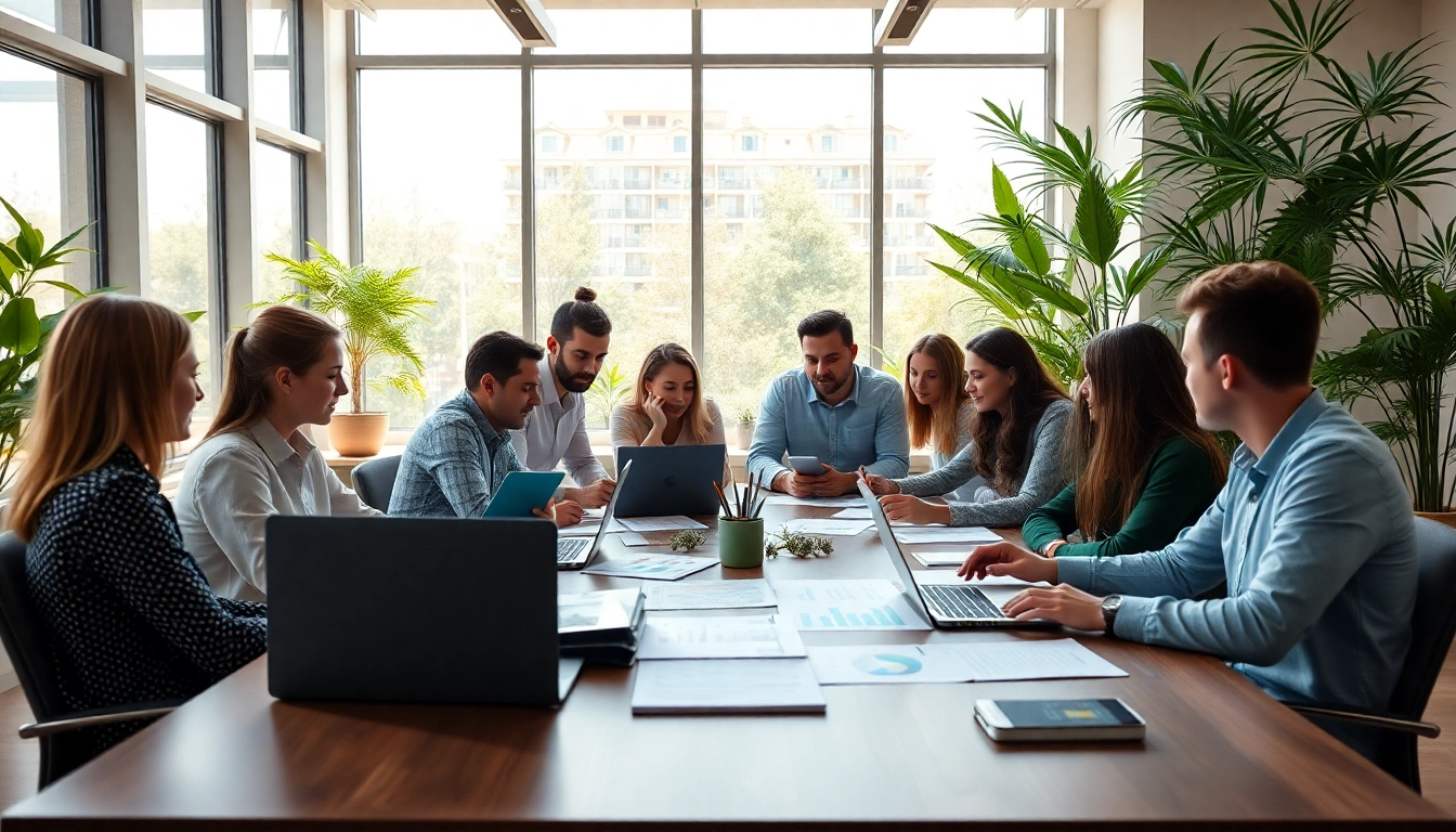 Engage with a cannabis marketing agency team collaborating in a vibrant office.