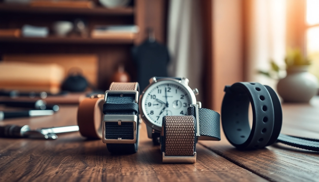 Explore watch straps with various materials displayed artistically on a wooden surface.