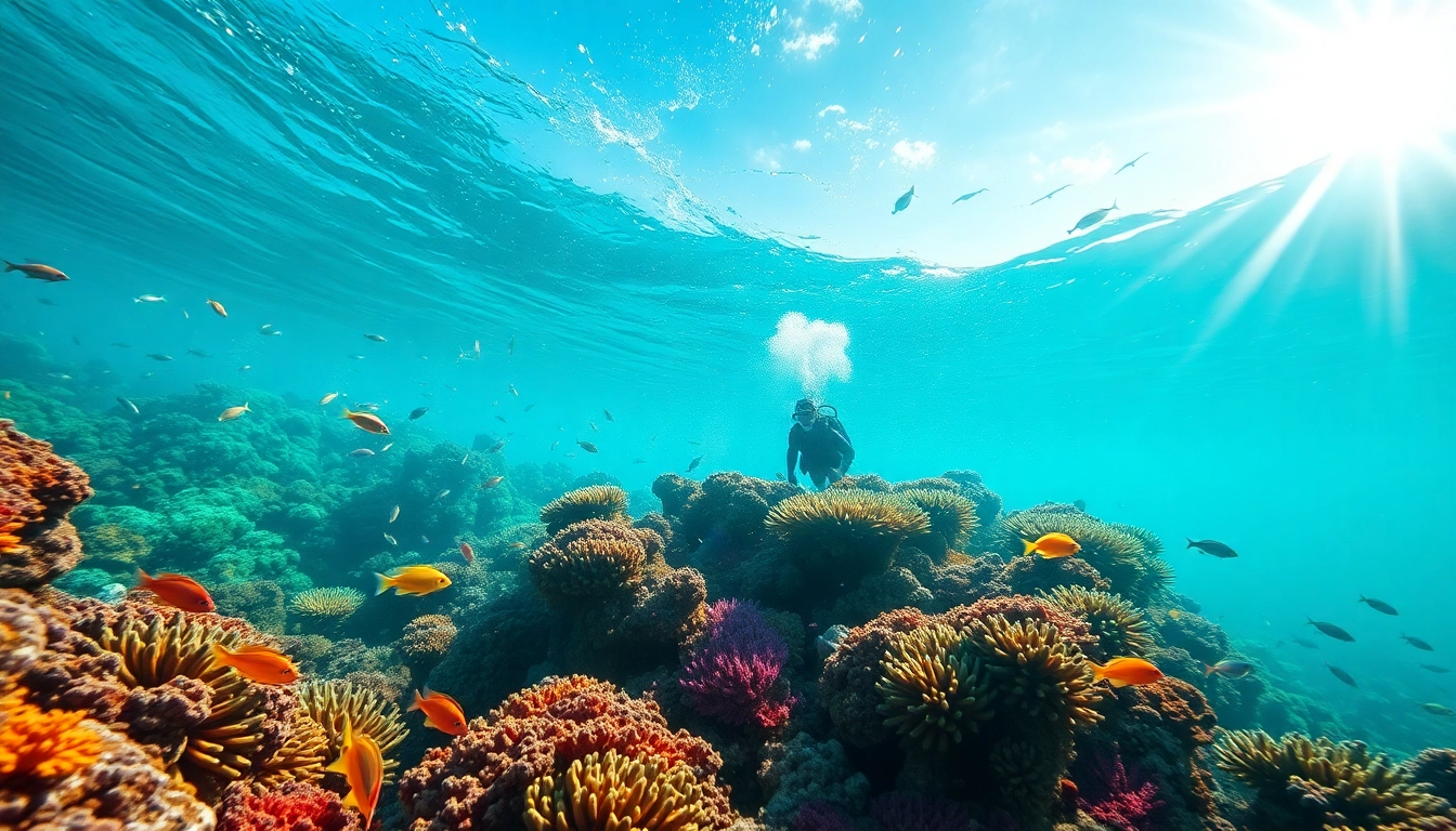 Diving in San Pedro Belize with a diver exploring vibrant coral reefs and colorful fish.