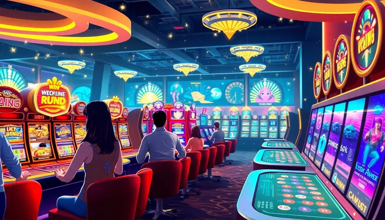 Engaging scene of We1Win players enjoying an immersive online casino experience filled with vibrant slot machines.