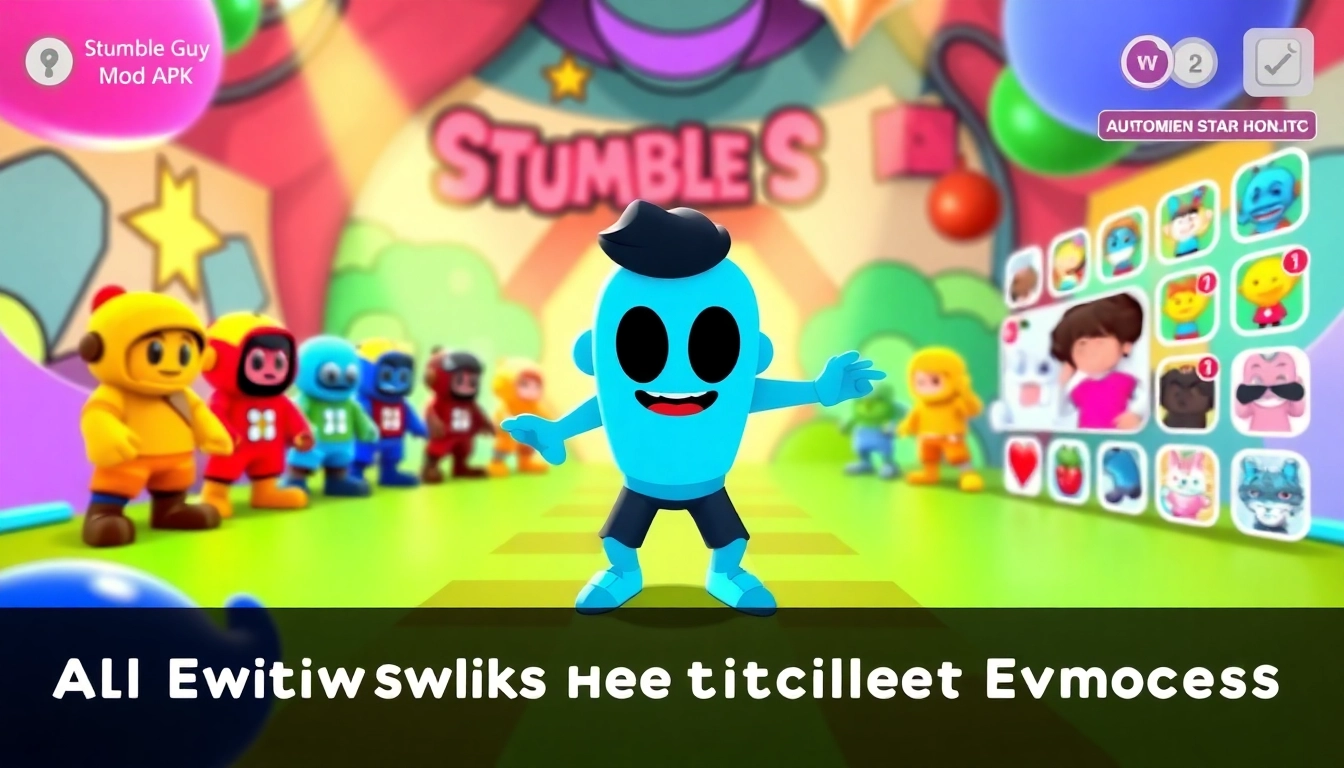 Unlock all skins and emotes in Stumble Guys mod APK with this vibrant video game character display.