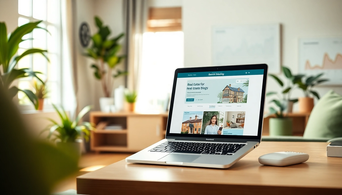 Engaging real estate blog layout showcasing a modern workspace with a laptop and decor elements.