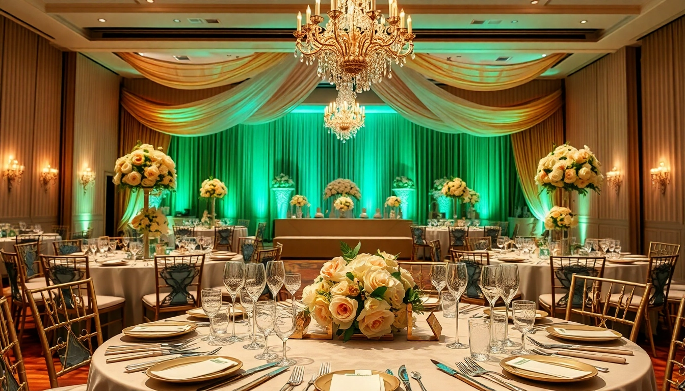 Elegant banquet setup at le prestige hall featuring exquisite floral arrangements and table settings.