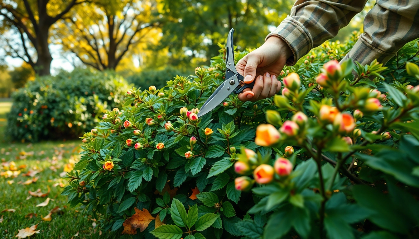 Snoeien van een overgroeiend struik door een tuinier met scherpe snoeischaren
