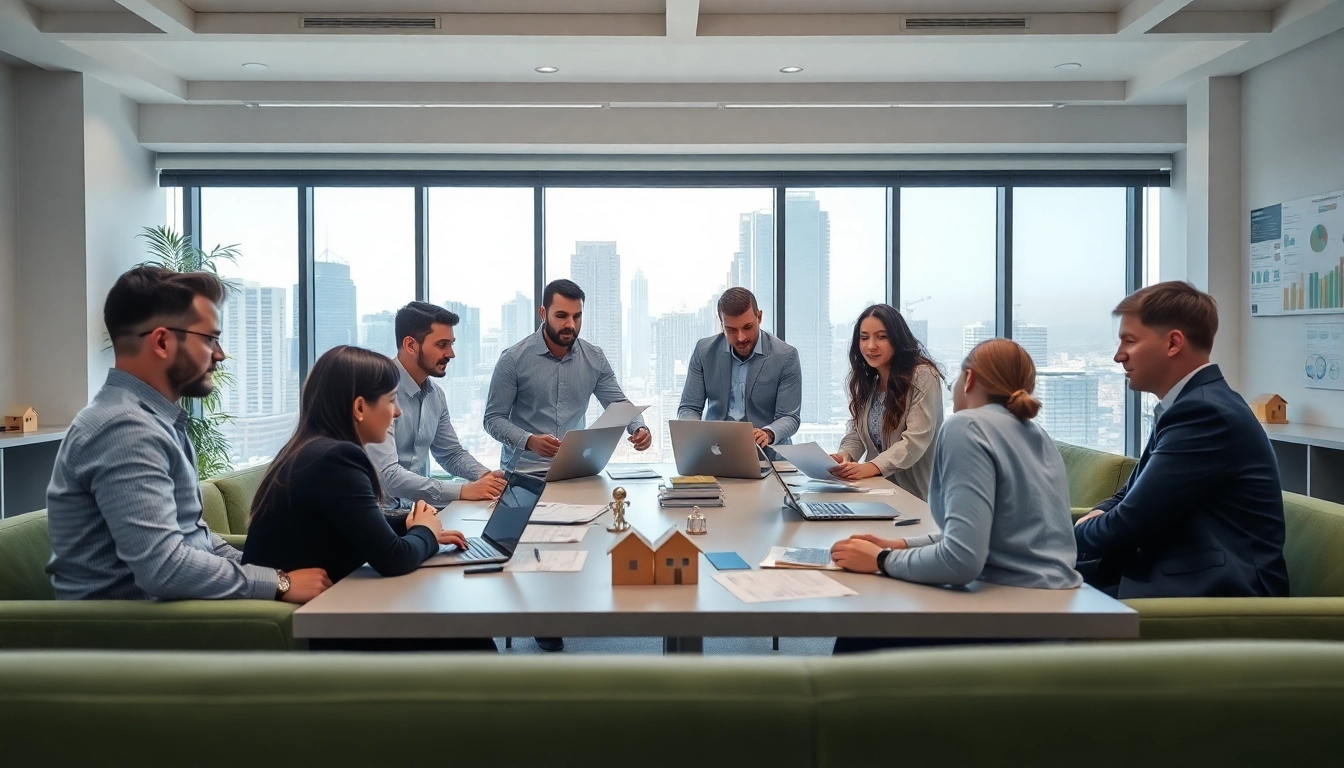Engaged professionals in property management collaborating in a modern office environment.