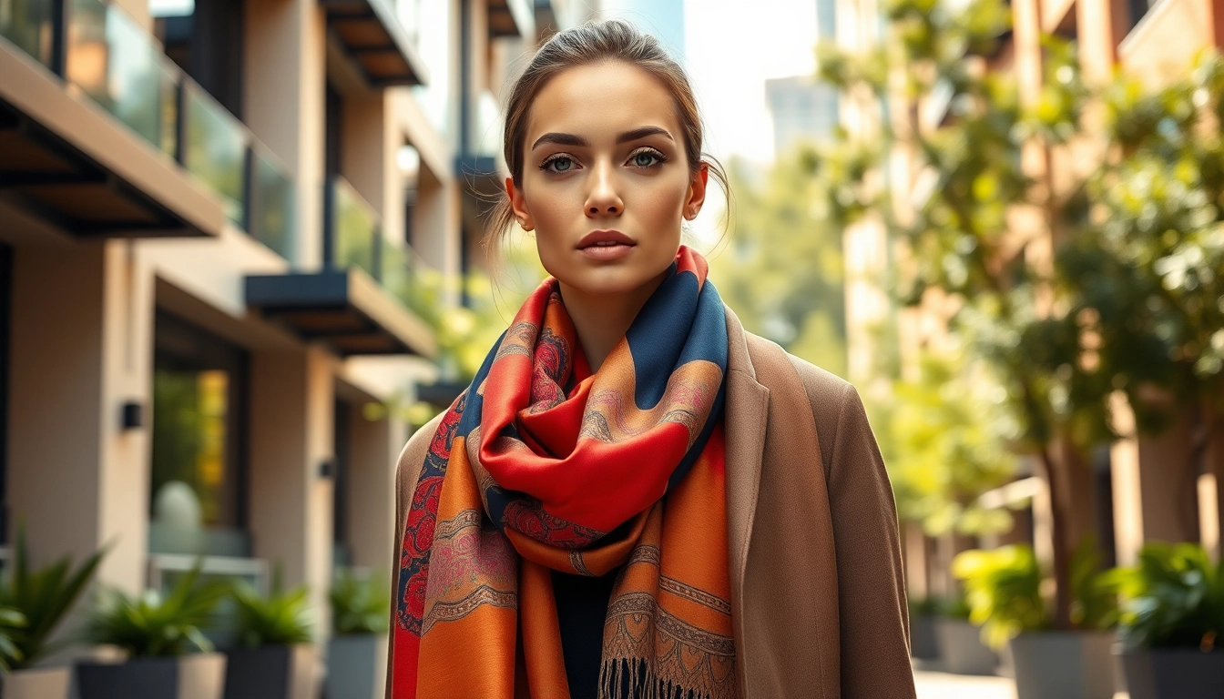 Model showcasing stylish scarves with vibrant colors and intricate patterns.