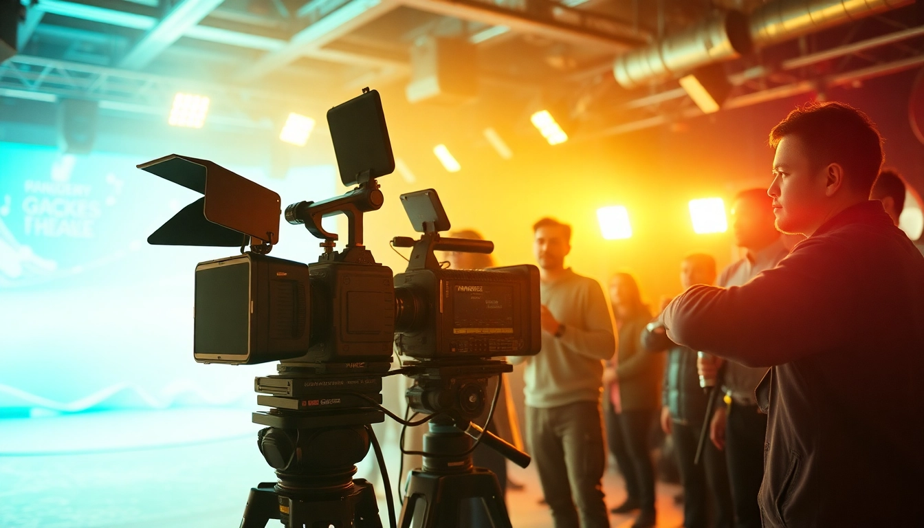 Showcase 홍보영상제작 process with a dedicated film crew and vibrant set design.