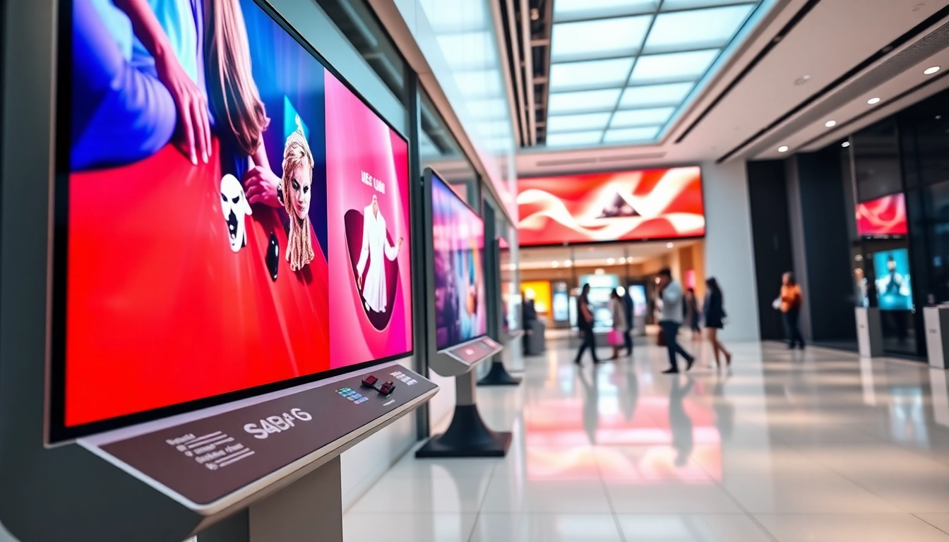 Engaging digital signage display in a retail setting showcasing vibrant advertising on modern screens.