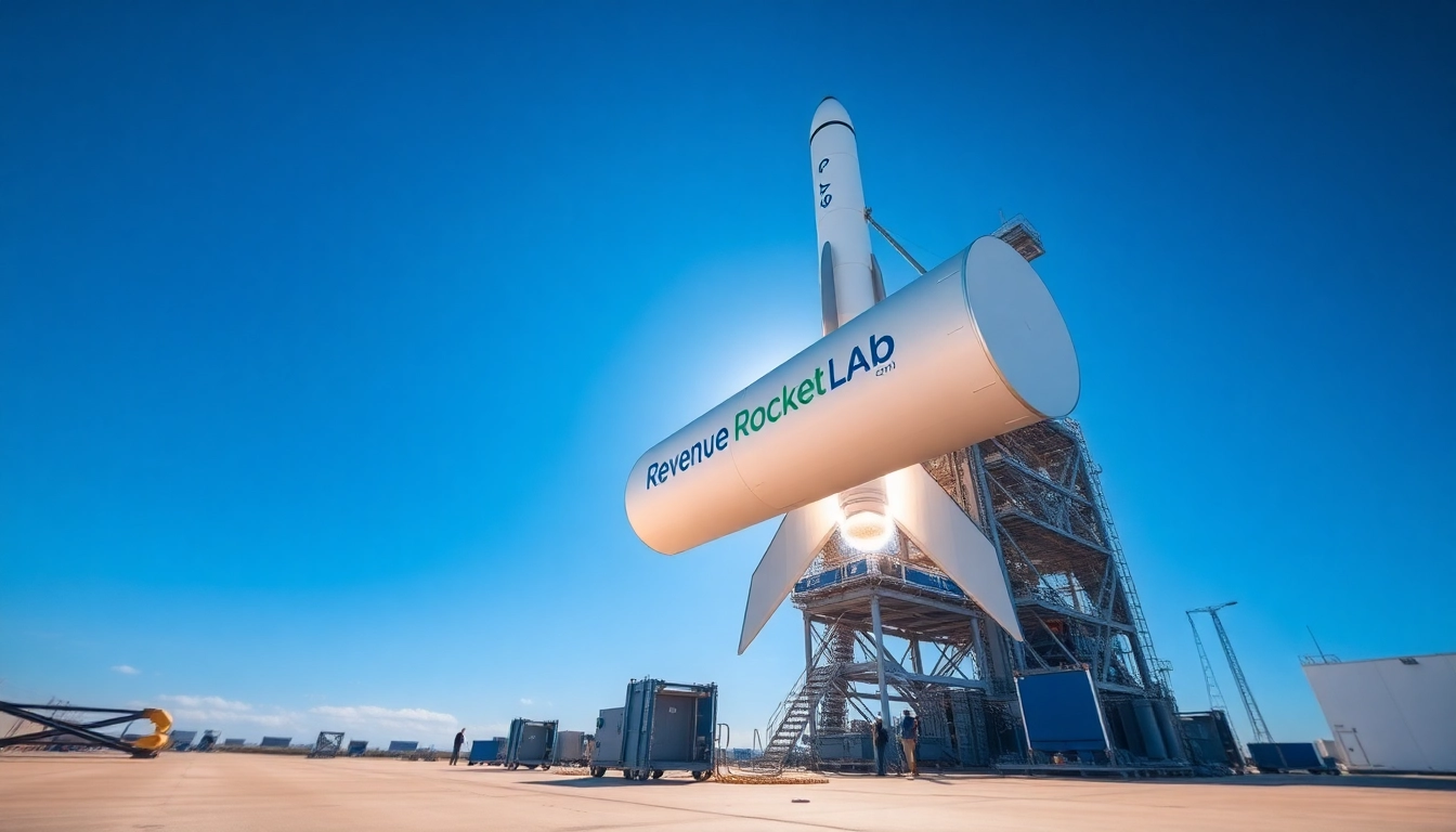 Launch of the rocket featuring revenue rocket lab branding, emphasizing innovation and technology.