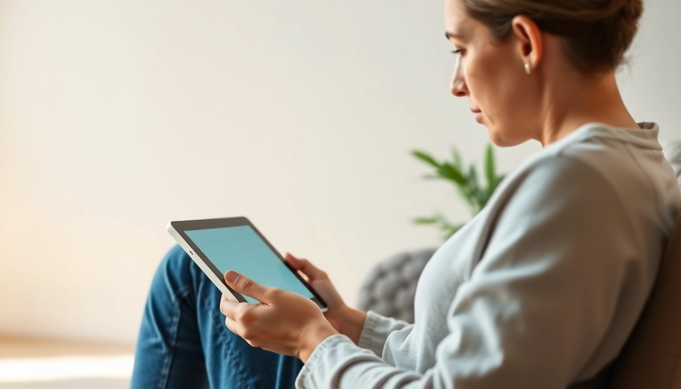 Individual interacting with an AI Therapist on a tablet in a calm, tranquil setting.