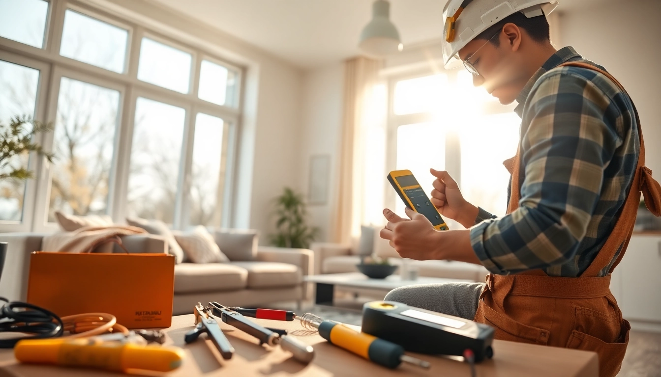 Electrician installing a light fixture in a modern living room, focused and professional.