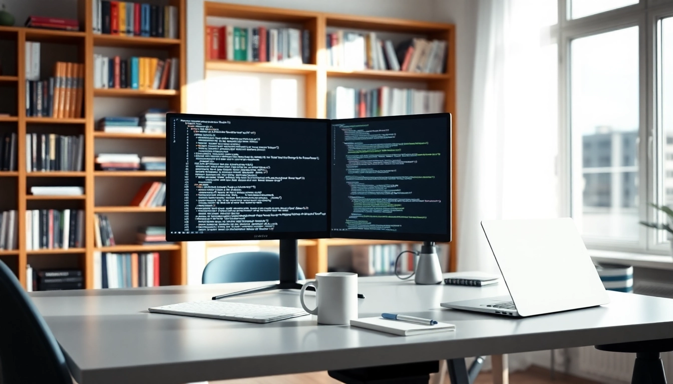 Showcase of web development in a focused workspace with coding and design on displays.