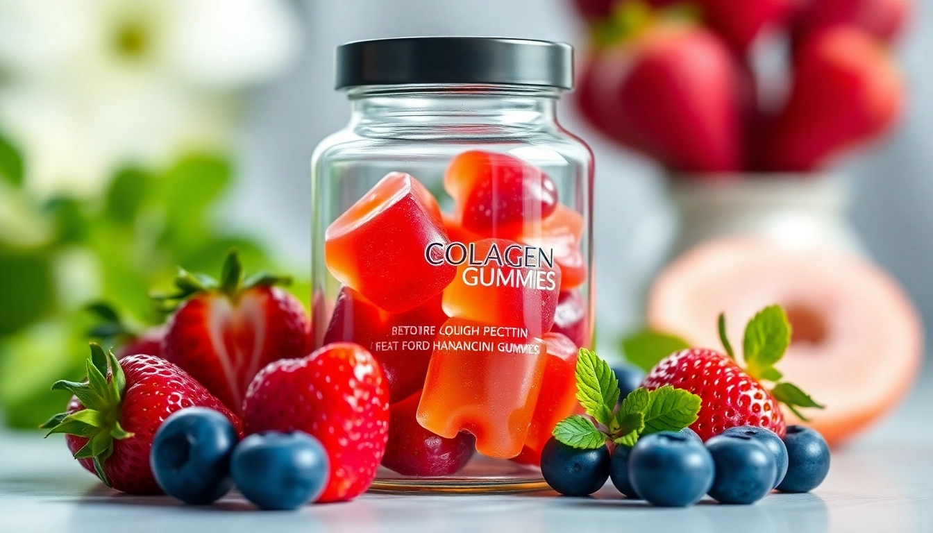Showcase collagen pectin gummies in a glass jar with fresh fruit highlights, promoting wellness.