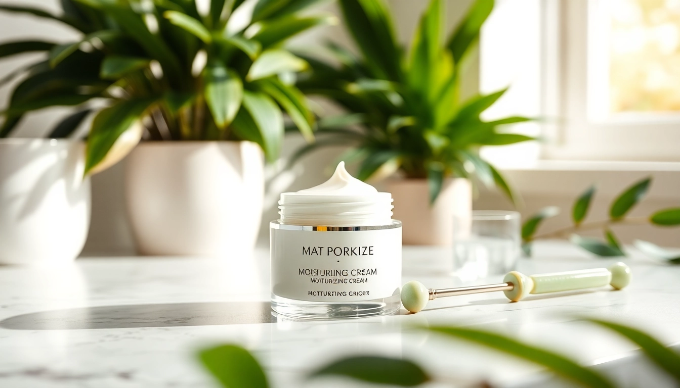 Apply moisturizing cream from an elegant jar surrounded by greenery for radiant skincare.
