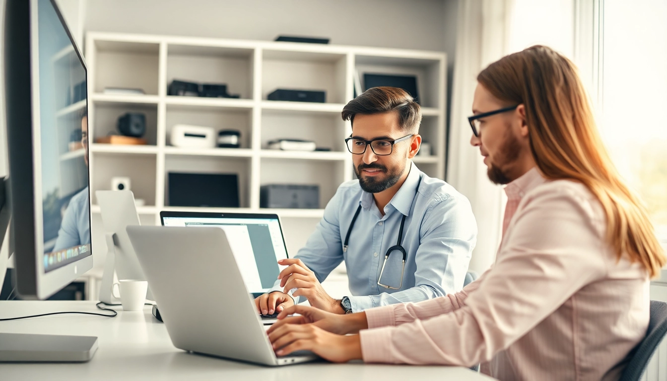 Providing computer help in a modern office with a technician assisting a user.