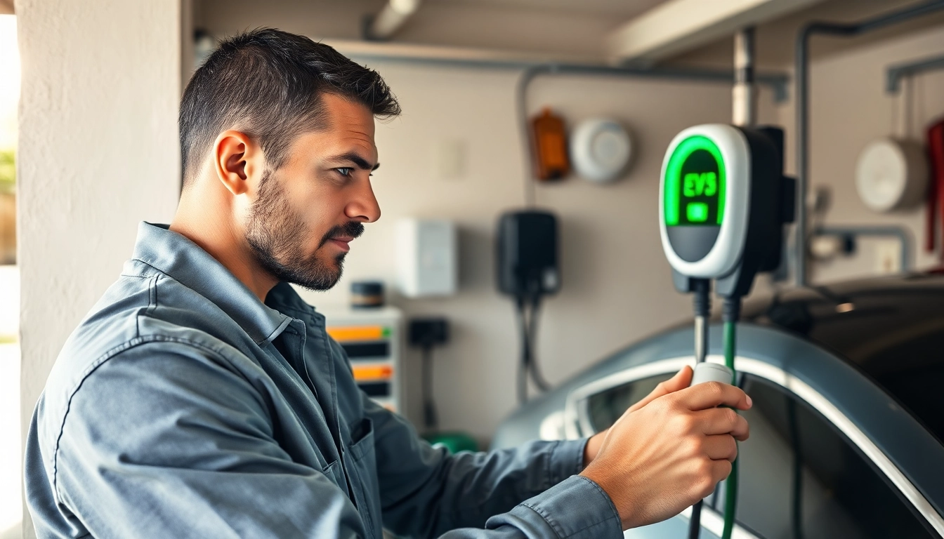 Technician performs EV charger installation in a modern garage emphasizing efficiency.