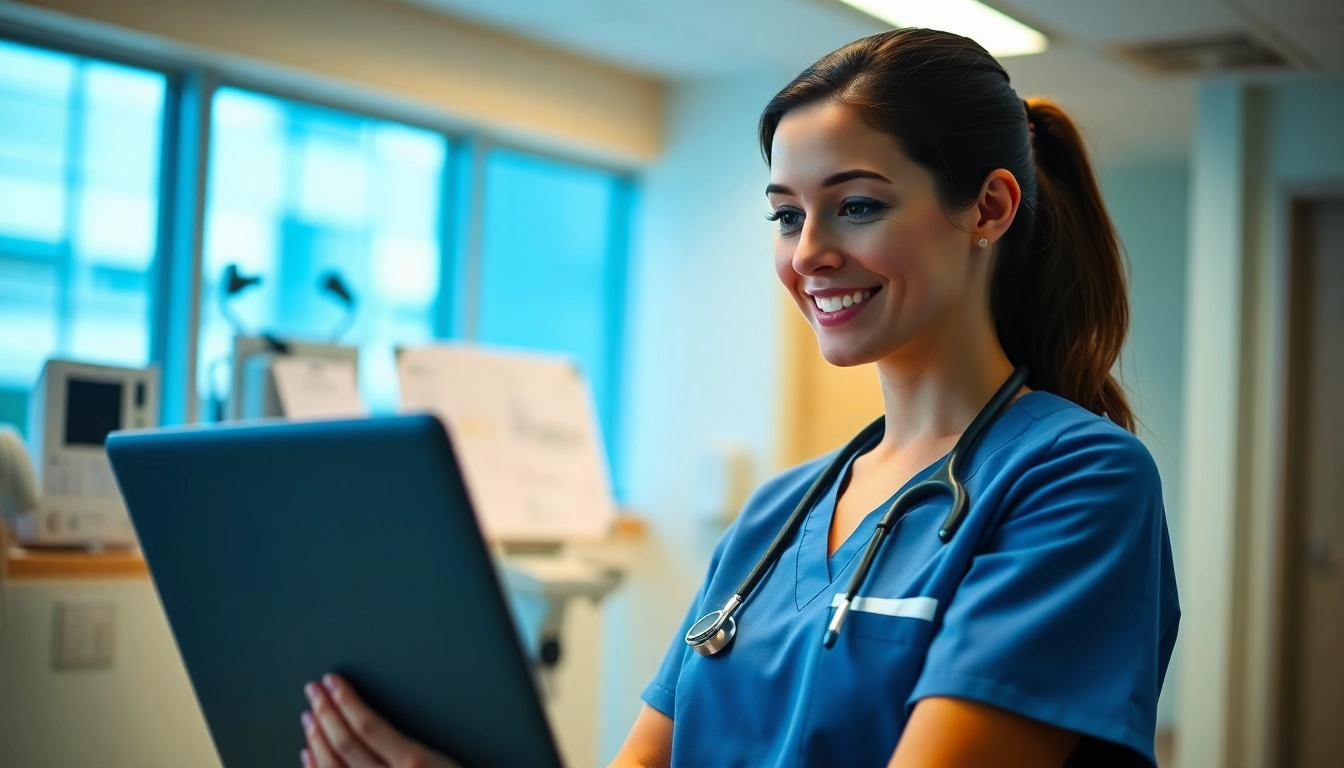 Engaged nurse reviewing online courses for nursing ceus in a modern hospital.