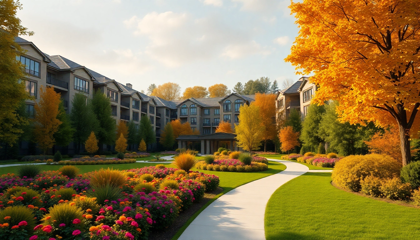 Experience the luxury of Prestige Autumn Leaves with stunning architecture amidst autumn foliage.