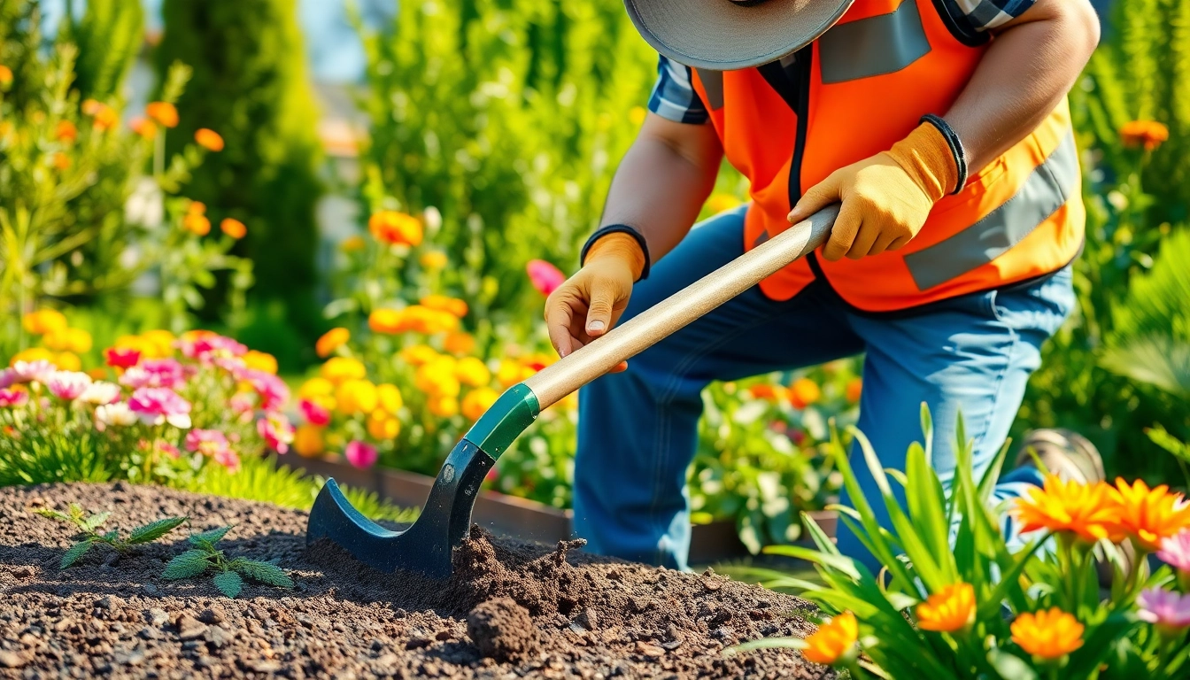 Landscaping contractor Coquitlam shaping a flowerbed in a vibrant garden