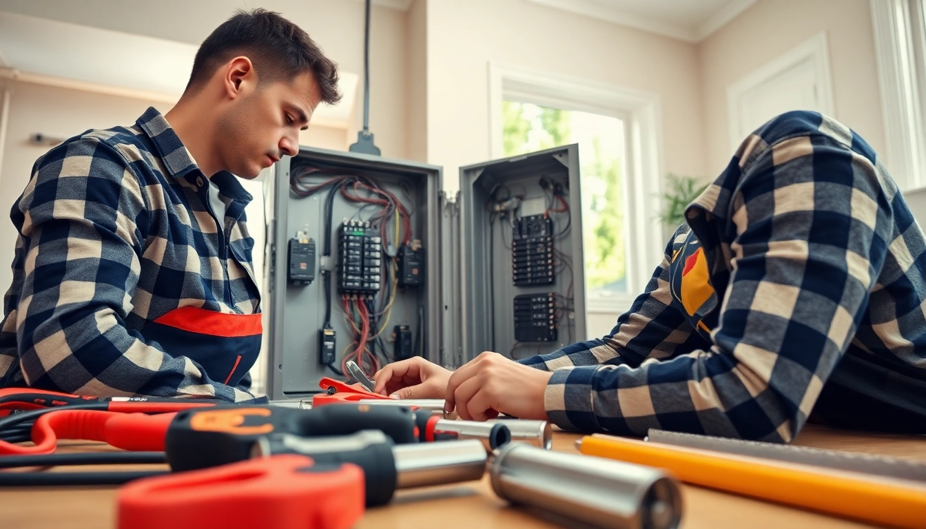 Electrical Panel Upgrade: Electrician installing a modern panel with tools in a bright home setting.