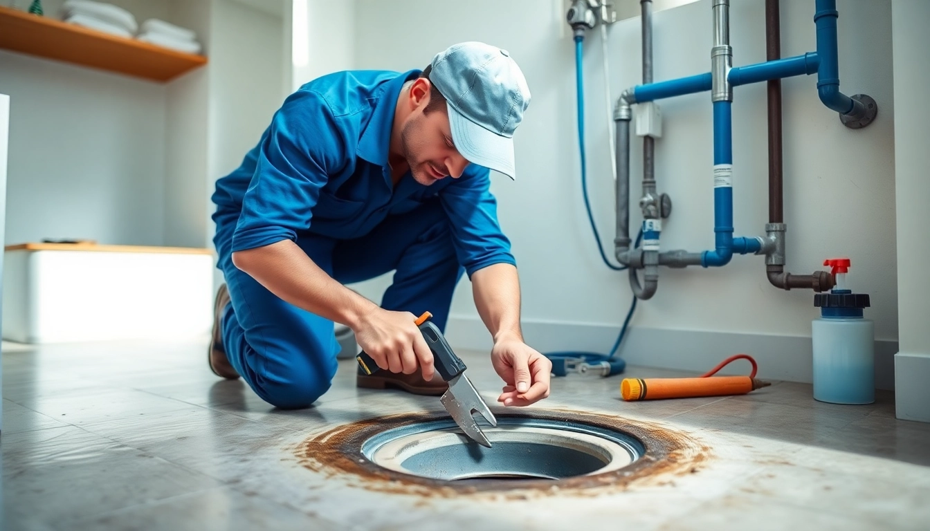 Inspecting drainage service Sydney with a skilled plumber fixing a home drain, showcasing expertise.