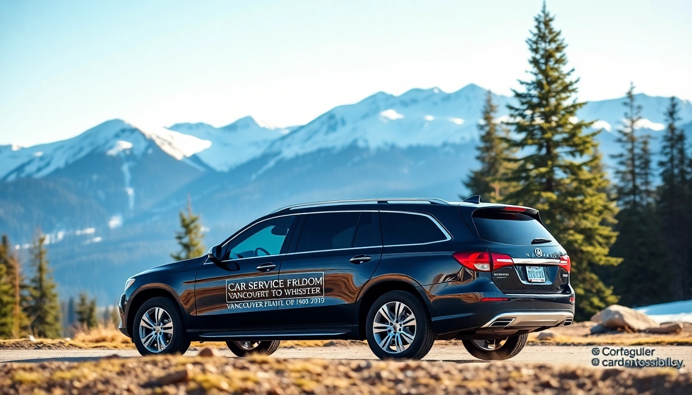 Car service from Vancouver airport to Whistler showcasing a luxury SUV against a mountain backdrop.