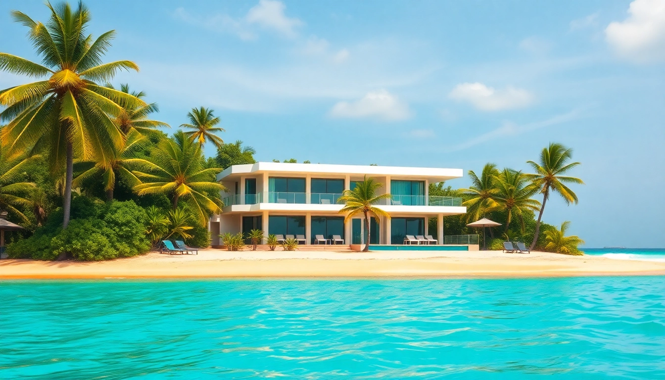 Showcase stunning Belize Real Estate with a beautiful beachfront villa amidst tropical greenery.