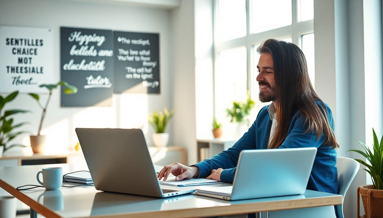 Engaging live online tutor provides assistance in a modern workspace, creating a positive learning experience.