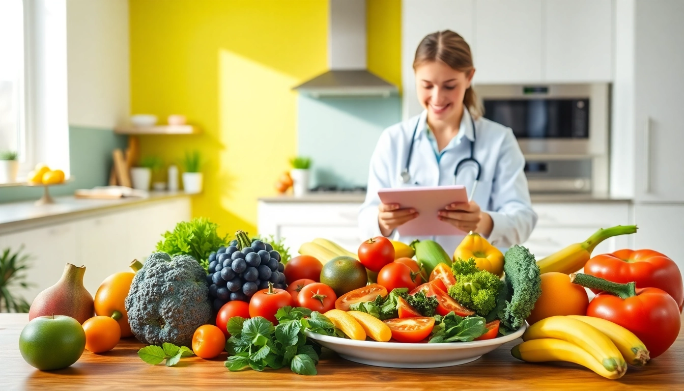 Plan easy diet for losing weight with fresh fruits and vegetables in a modern kitchen.