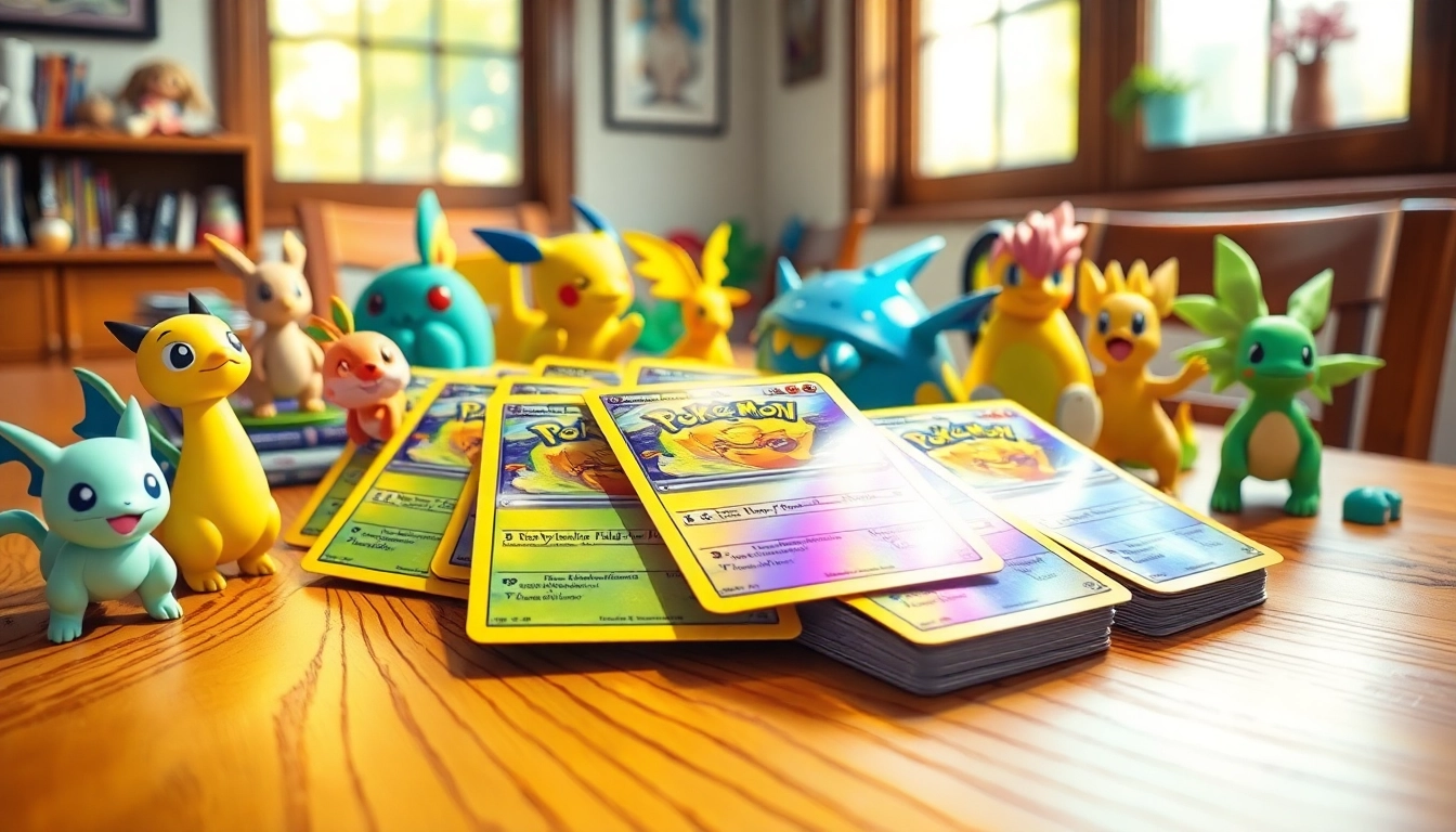 Shop various Pokemon tcg india cards on a wooden table surrounded by Pokémon figurines.
